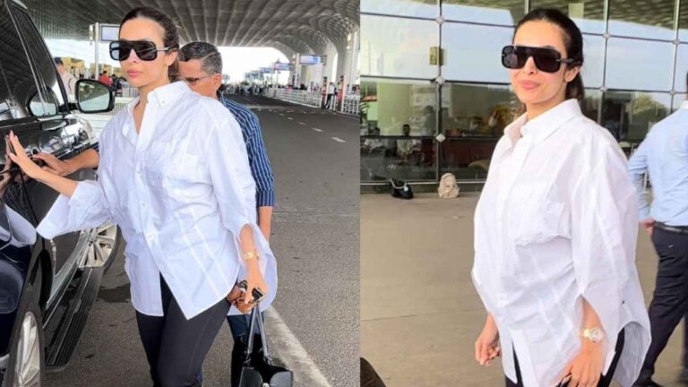 Malaika Arora's Airport Look: Oversized White Shirt and Black Pants