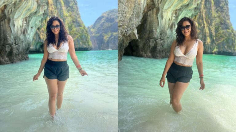 Shweta Tiwari Ditches Swimsuits for a Chic Beach Look with White Lace Bralette and Black Shorts